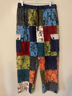 Rising International Patchwork Cotton Jogger Hippie Pants Mushrooms Size XL